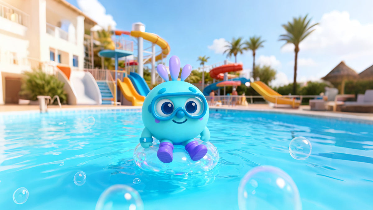 Tiny Explorers collection cover: blue round goggle-wearing character floating on a pool ring at a water park