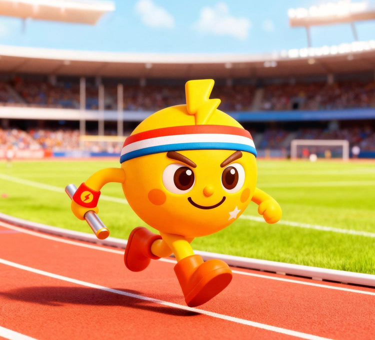 Young Engineers collection cover: yellow smiley character sprinting with a baton on a stadium athletics track
