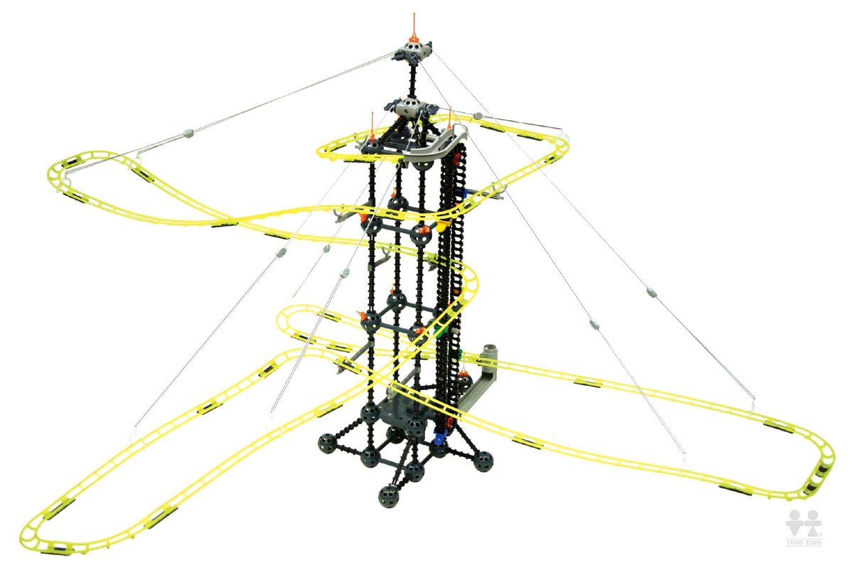Close three-quarter view of the Fly Bridge chain elevators and yellow tracks on a white background