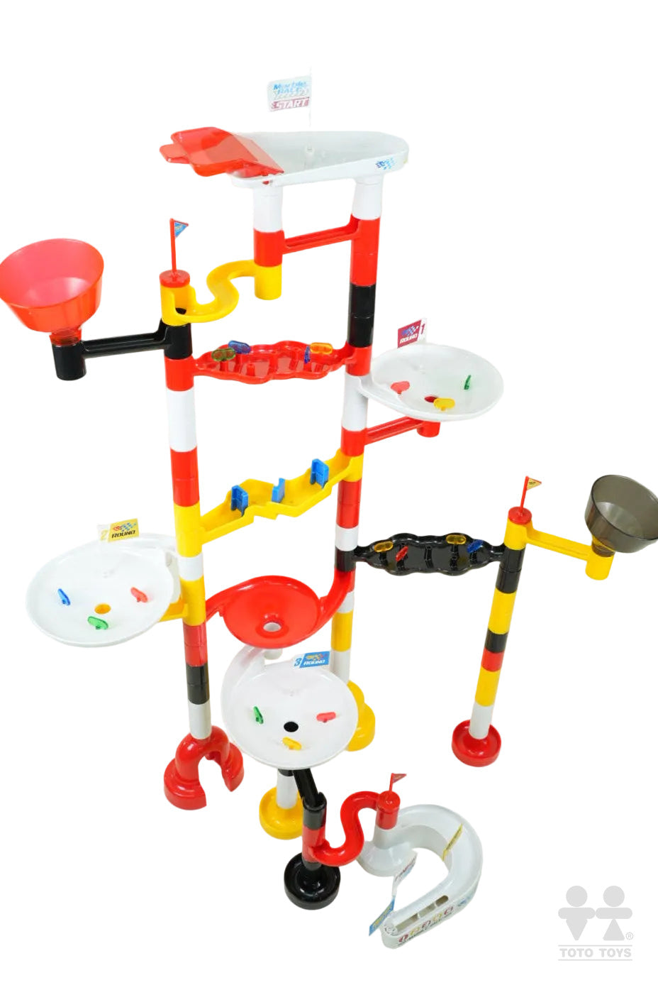 Marbulous marble run racing set, two-player tower with red and white funnels and striped posts on white
