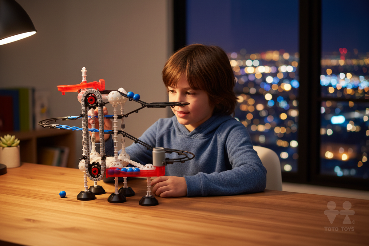 Boy at a desk at night watching balls climb the Odyssey electric lift marble track, city lights behind