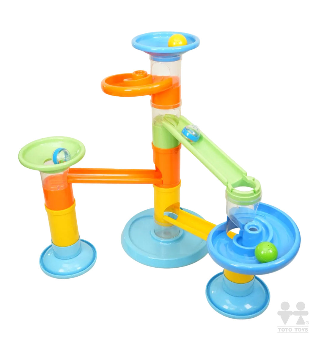 Rollipop Deluxe mega toddler ball run in blue, orange and green, marbles in the funnels on white
