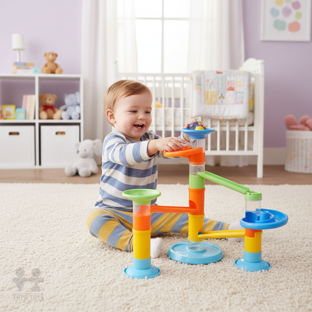 Toddler sitting on a rug in a nursery playing with the Rollipop Deluxe mega ball run set