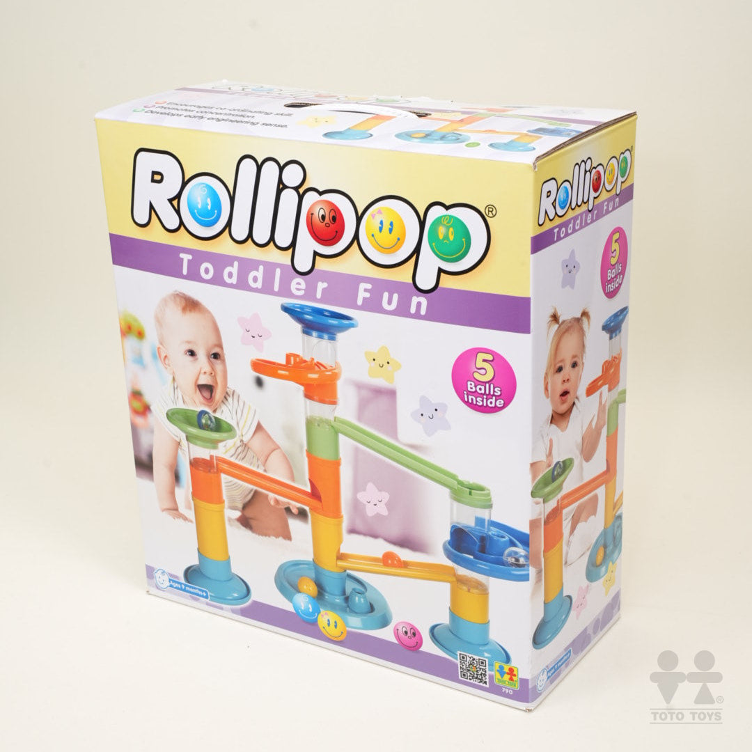 Rollipop Toddler Fun Deluxe packaging box showing the multi-level ball run and 5 balls inside badge