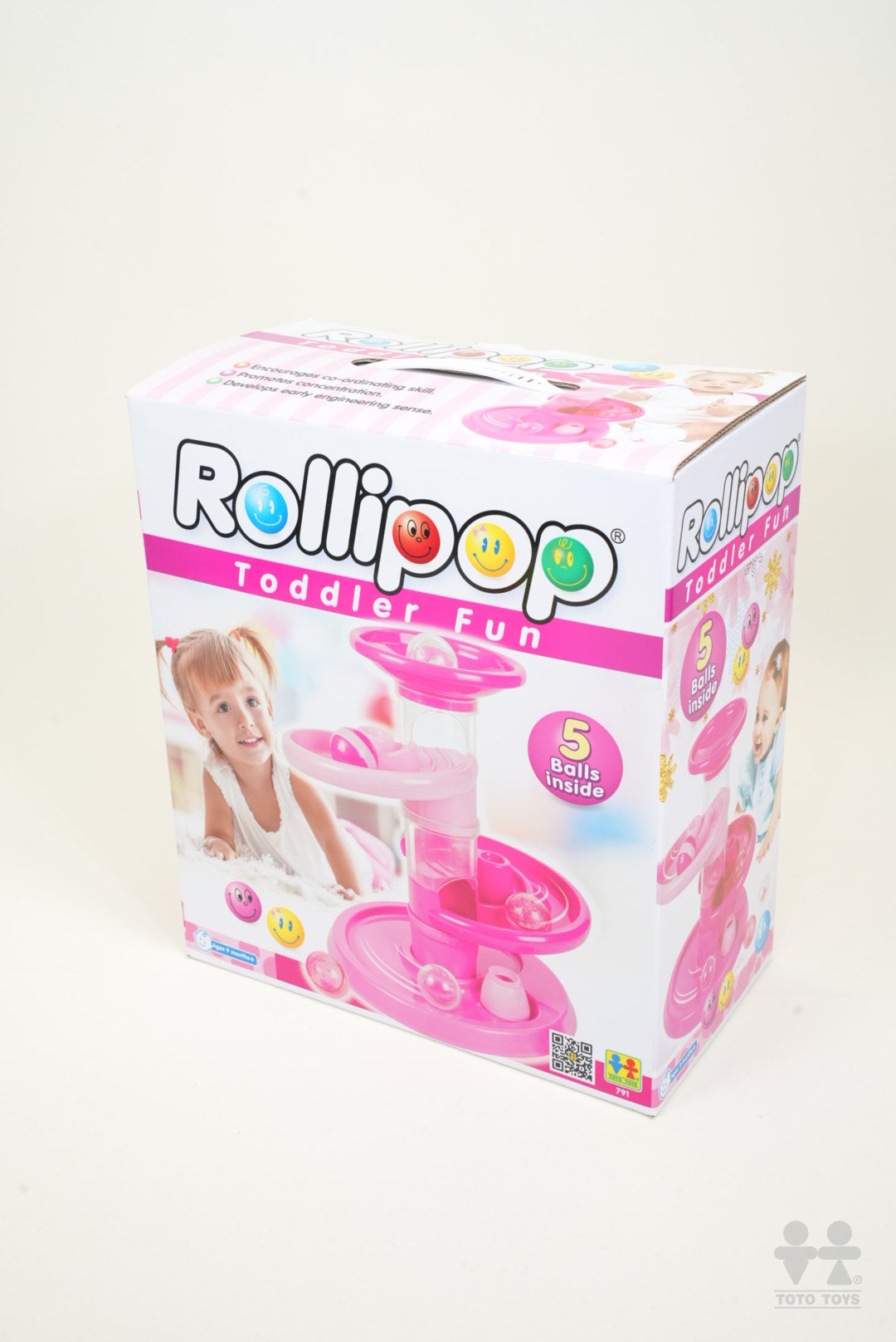 Rollipop Toddler Fun pink ball run packaging box showing the tower and 5 balls inside badge